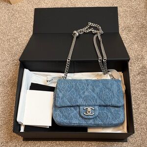 CHANEL Denim Quilted Camellia Sweetheart Mini Flap Blue, authentic, near new